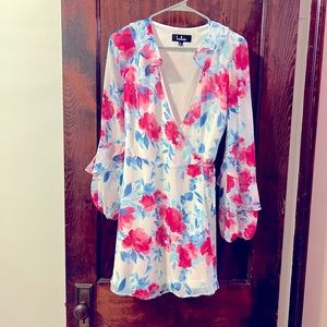Lulus dress- floral print dress, sheer sleeves, size L